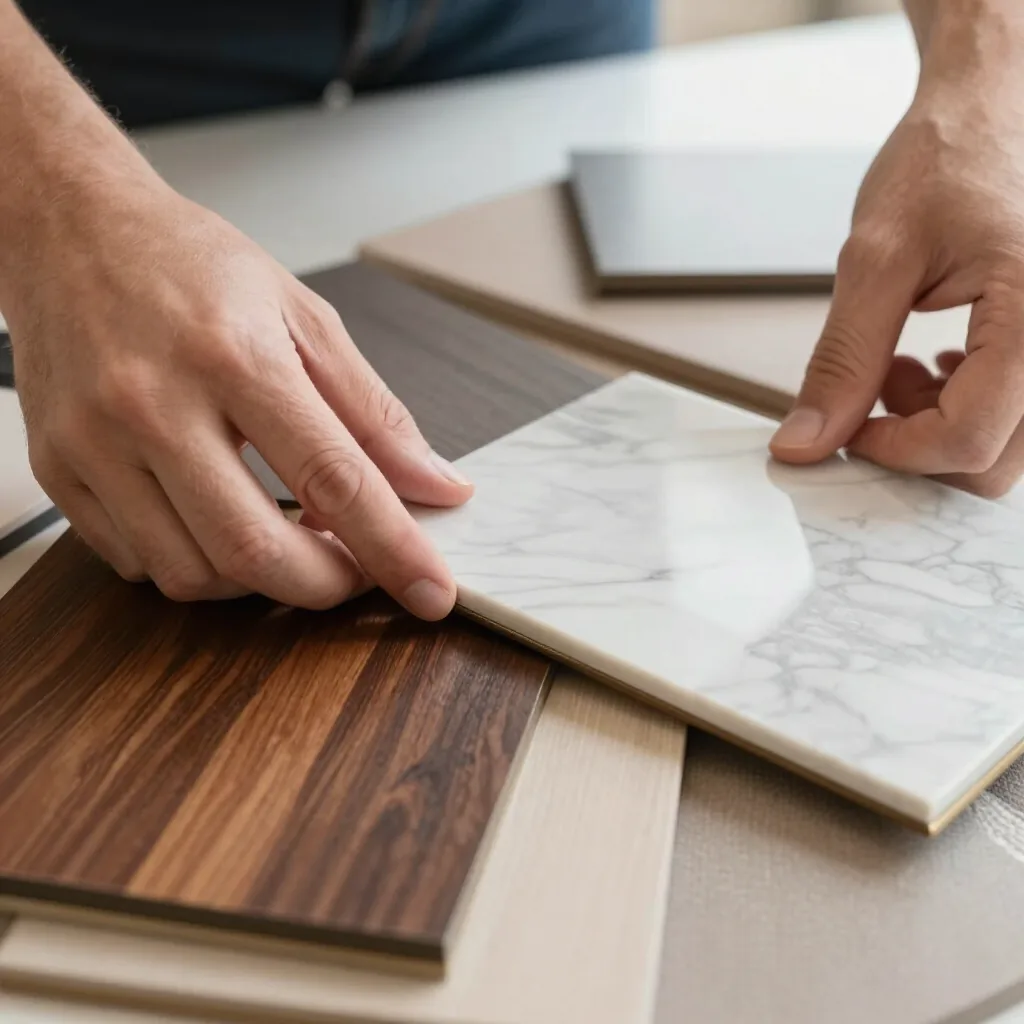 Handen leggen marmeren en houten materiaalmonsters naast elkaar
