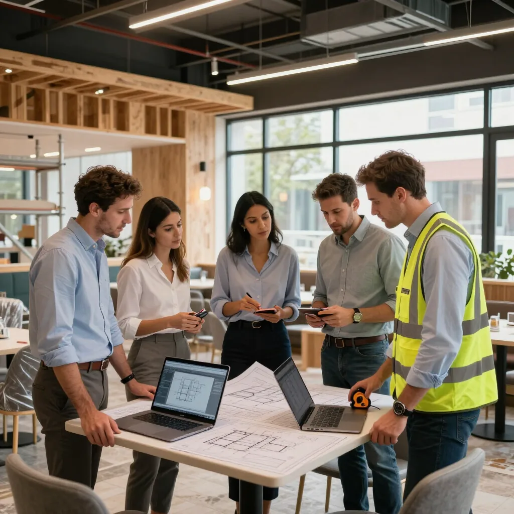 Ontwerpteam overlegt op locatie met plattegronden en laptops