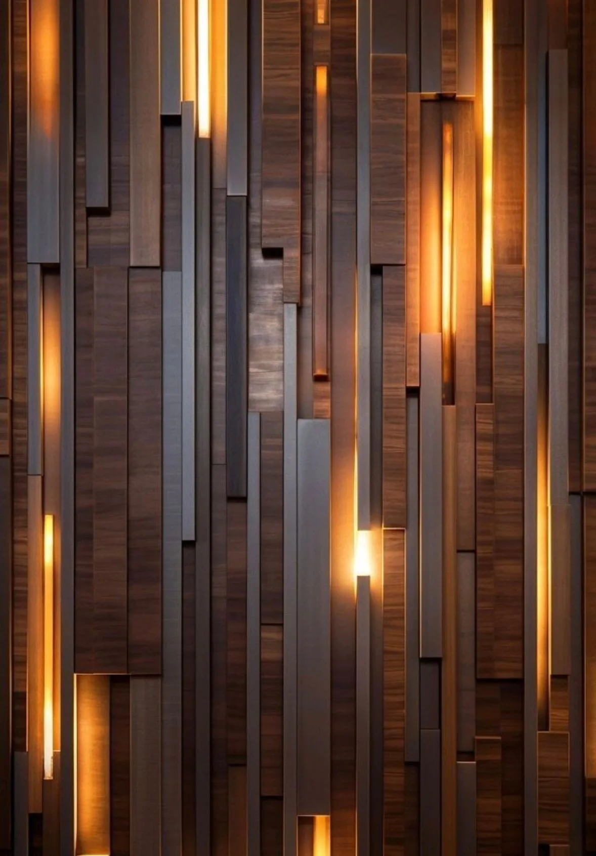 Wand van houten lamellen met warme, verticale lichtlijnen