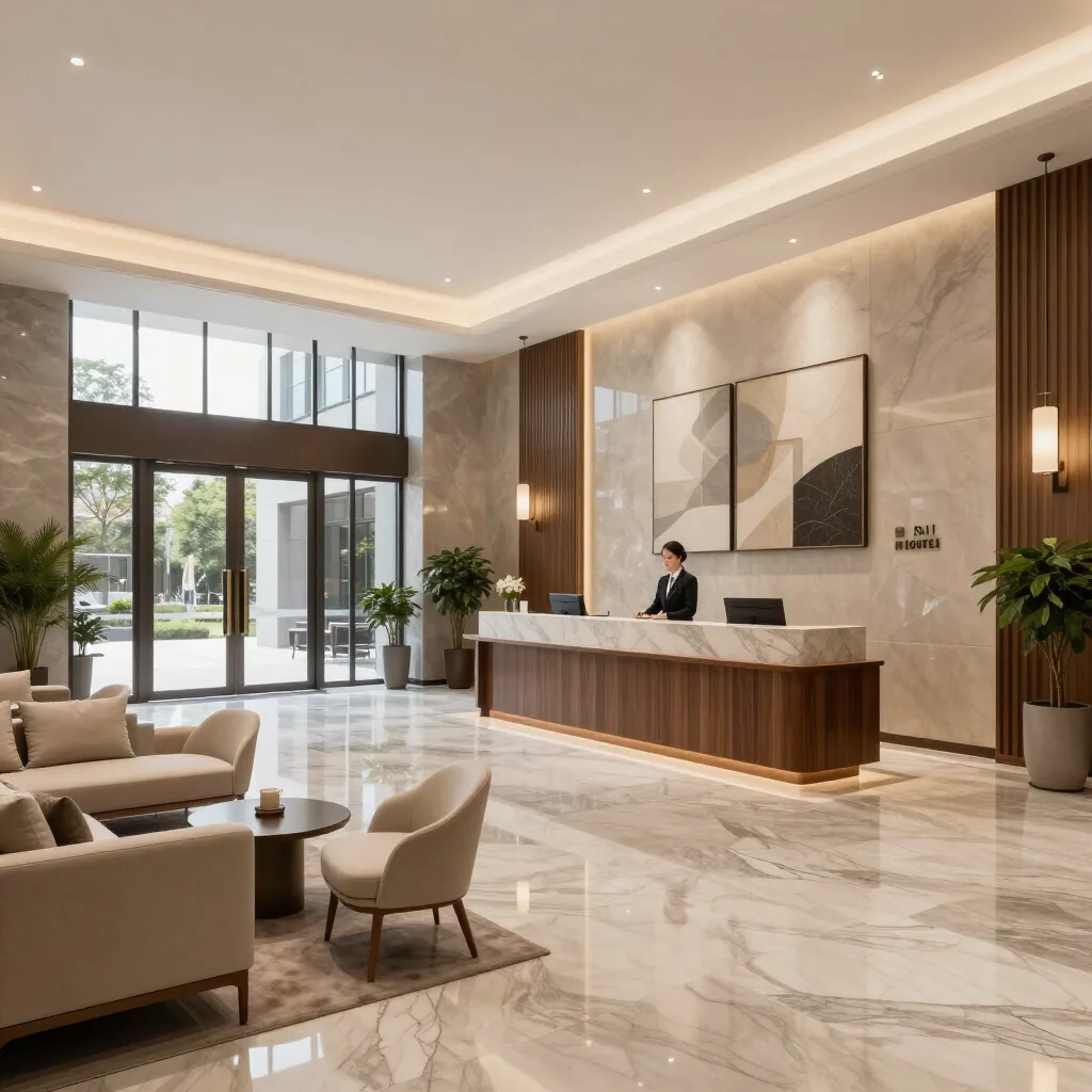 Hotellobby met marmeren receptiebalie en warme houtaccenten