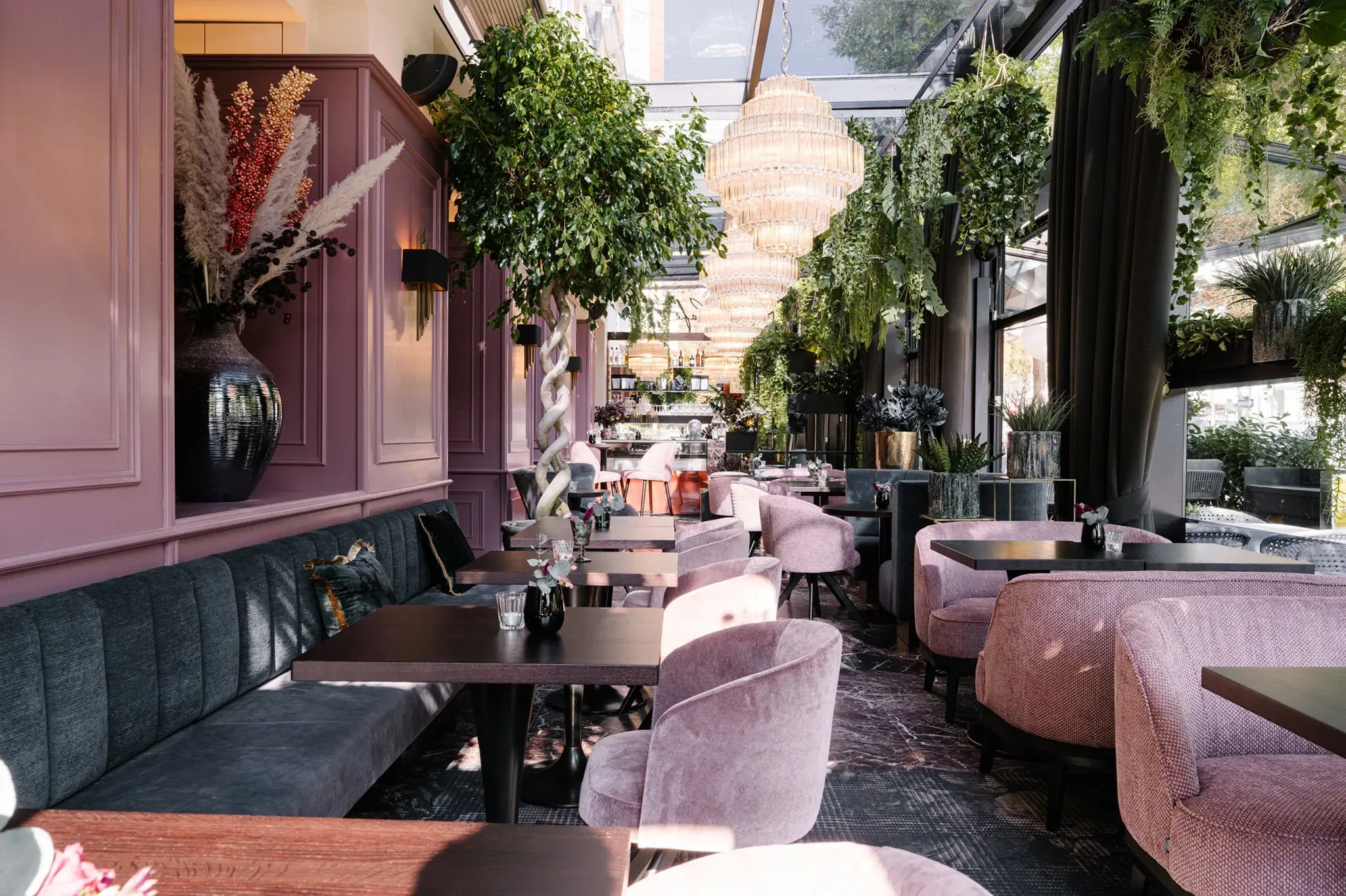 Brasserie met oudroze lambrisering, kroonluchter en hangend groen onder een glazen kap